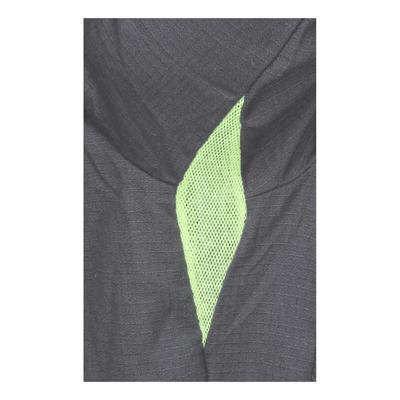 Close-up of MCR Safety Summit Breeze 5.5 oz FR Shirt (SBS100_) dark gray fabric with a textured, triangular green mesh insert and triple vent technology for arc flash protection and breathability in a striking geometric design.