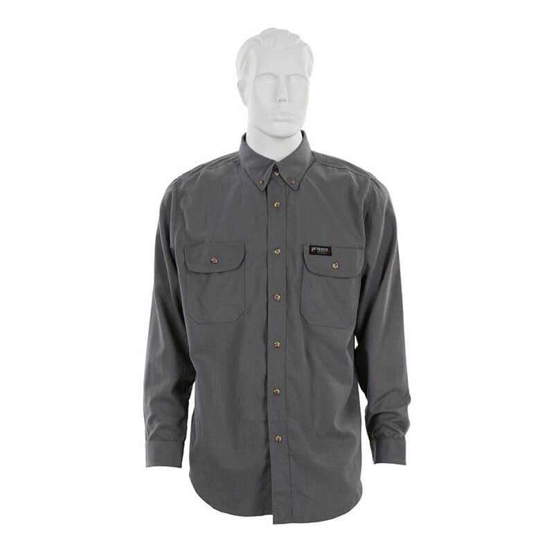 A mannequin wearing the MCR Safety Summit Breeze 5.5 oz FR Shirt SBS100_, a long-sleeve gray button-up with two chest pockets, brown buttons, and triple vent technology for enhanced comfort and protection.