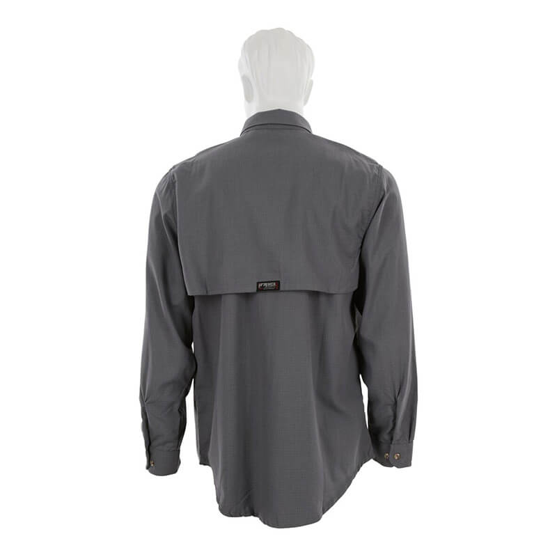 A mannequin is shown from the back wearing the MCR Summit Breeze 5.5 oz FR Shirt SBS100_ by MCR Safety, featuring long sleeves, dark gray color, and triple vent technology with an upper back vented flap for improved ventilation and arc flash protection.