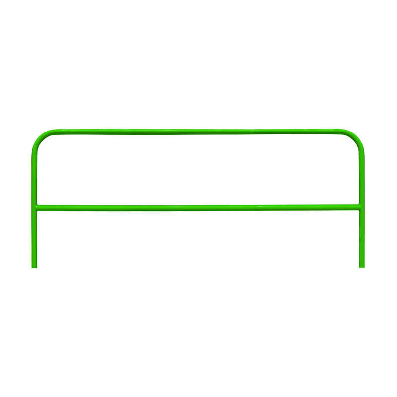 The Frontline Guardrail System for Concrete/Steel Substrates by Frontline Fall Protection is a simple green metal headboard-inspired guardrail with rounded top corners and a central horizontal bar, shown against a white background.