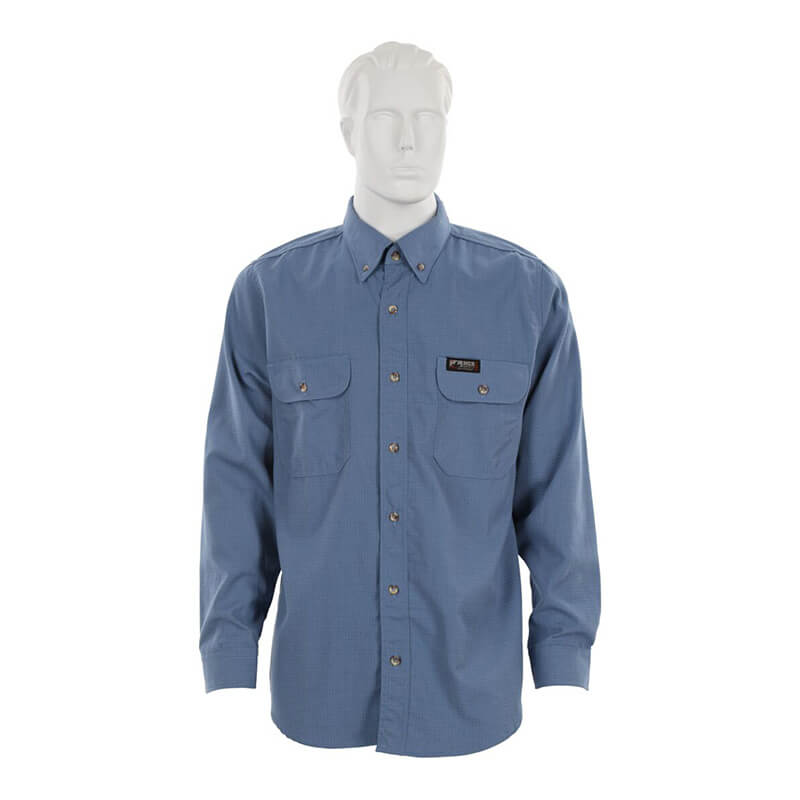 A mannequin wears the MCR Summit Breeze 5.5 oz FR Shirt SBS100_ by MCR Safety, a long-sleeve blue shirt featuring two chest pockets, button-up front, triple vent technology for comfort, and a black patch on the left pocket.