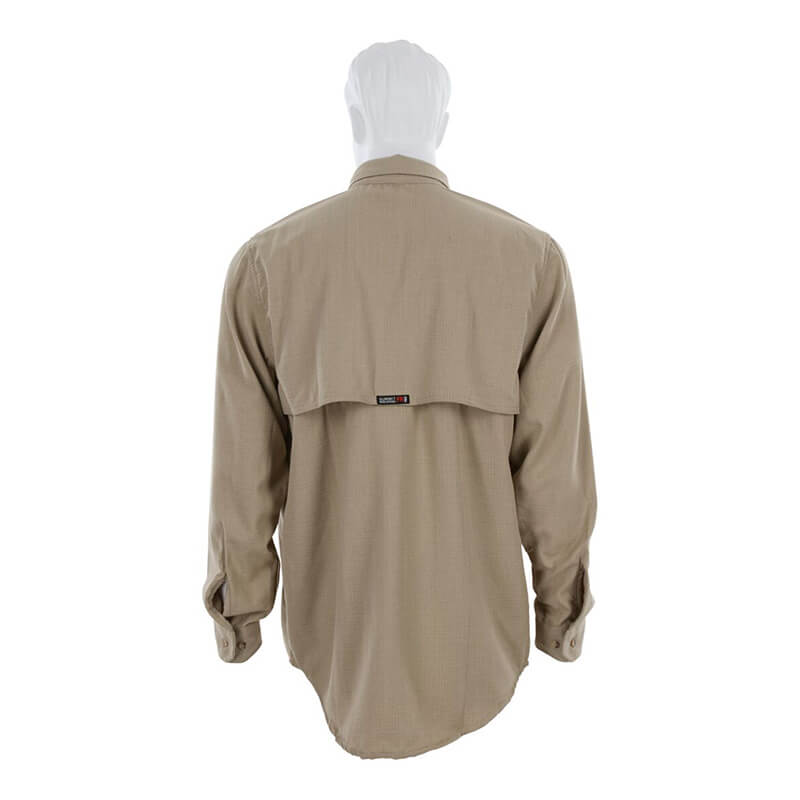 A mannequin wears the MCR Safety Summit Breeze 5.5 oz FR Shirt SBS100_, shown from the back in light brown, featuring triple vent technology, a vented back yoke, and a central black tag for added comfort and protection.