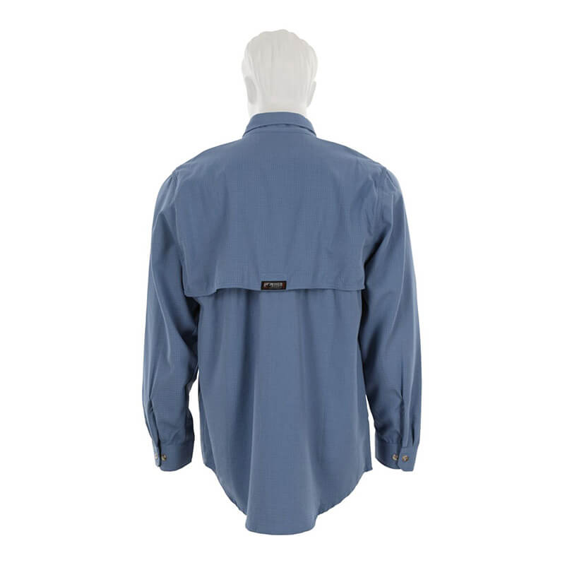 A back view of the MCR Safety Summit Breeze 5.5 oz FR Shirt SBS100_ in blue on a mannequin, showcasing triple vent technology across the upper back and buttoned cuffs for enhanced arc flash protection.