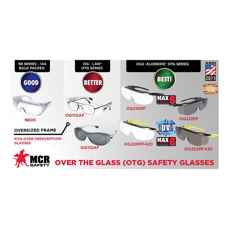 Showcase MCR Safety Law OTG Safety Glasses UV-AF Anti-Fog OG1 (12/box)—ANSI Z87.1 approved with anti-fog coating, made to fit comfortably over prescription eyewear.