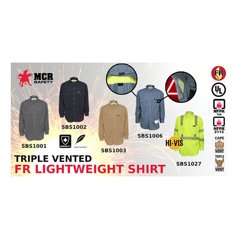 A promotional image displaying five MCR Safety Summit Breeze 5.5 oz FR shirts (SBS100_) in assorted colors, highlighting triple vent technology, arc flash protection, safety certifications, and close-up feature details.