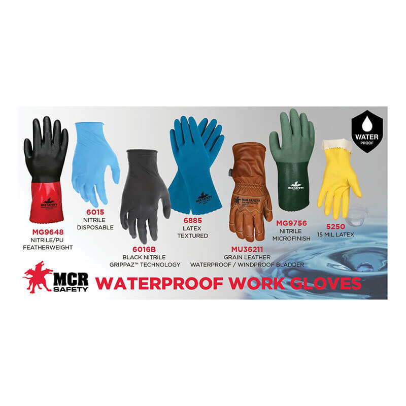 Six waterproof work gloves, including the MCR Safety Blue 6 mil NitriShield with Grippaz 6016B (10 boxes), are shown in a row with names and features above the text "MCR Safety Waterproof Work Gloves.