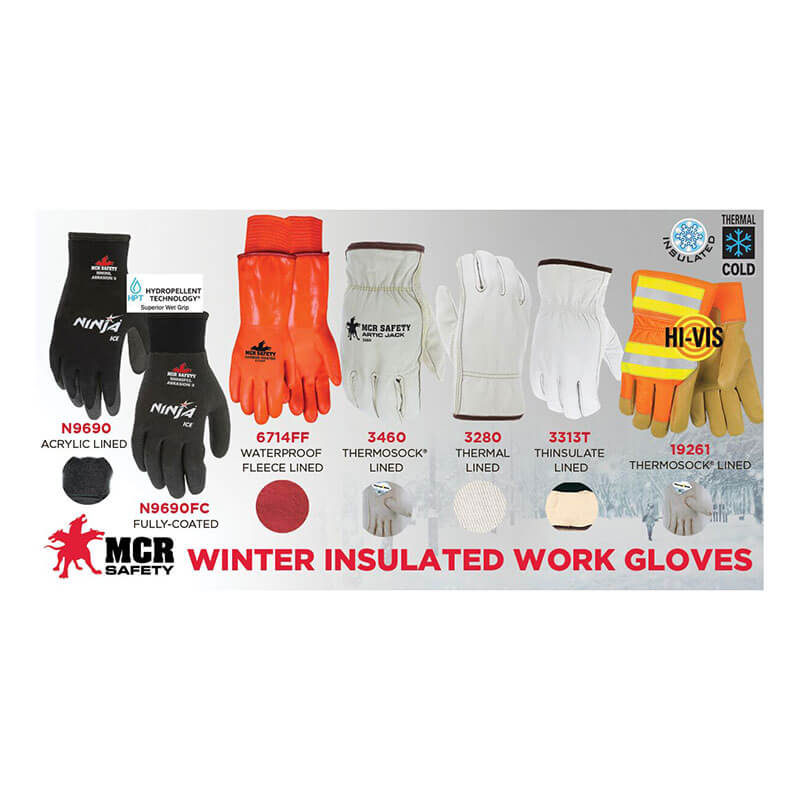 A display of MCR Safety Ninja Ice Glove N9690 (12 pairs), featuring winter-insulated work gloves with hydropellent technology, shown in various styles and colors, plus text and thermal ratings above each glove.