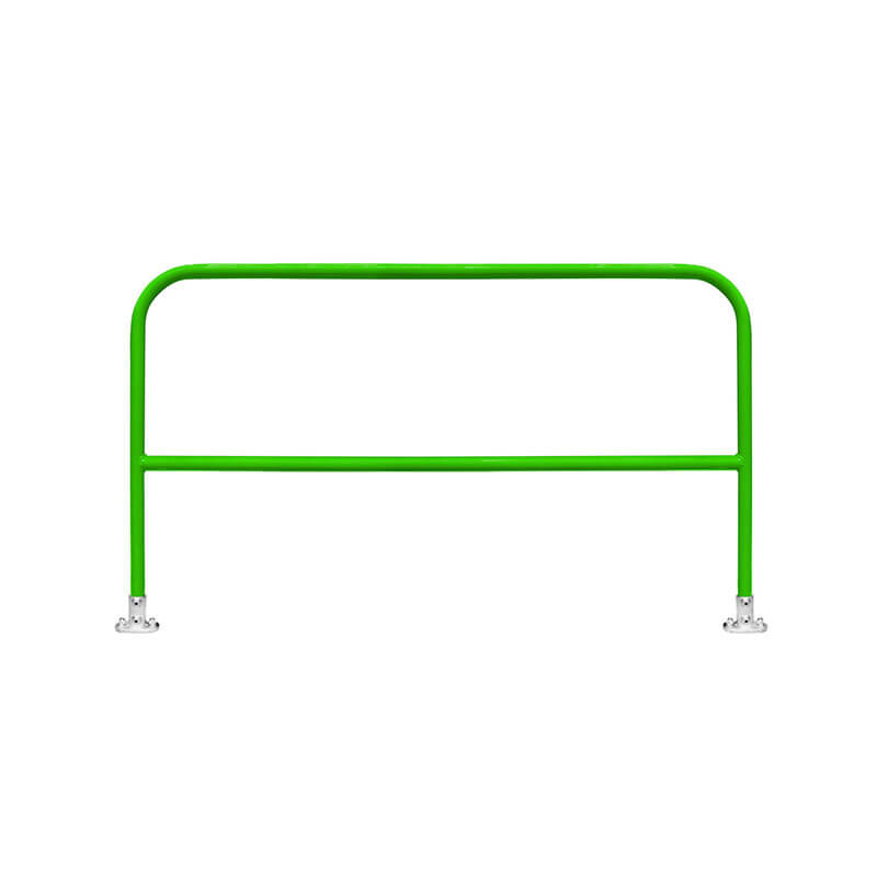 The green Frontline Fixed Guardrail System for Concrete/Steel Substrates by Frontline Fall Protection features two horizontal rails, two vertical legs on silver base plates, and is ideal for perimeter edge protection and fall prevention. Photographed on a white background.