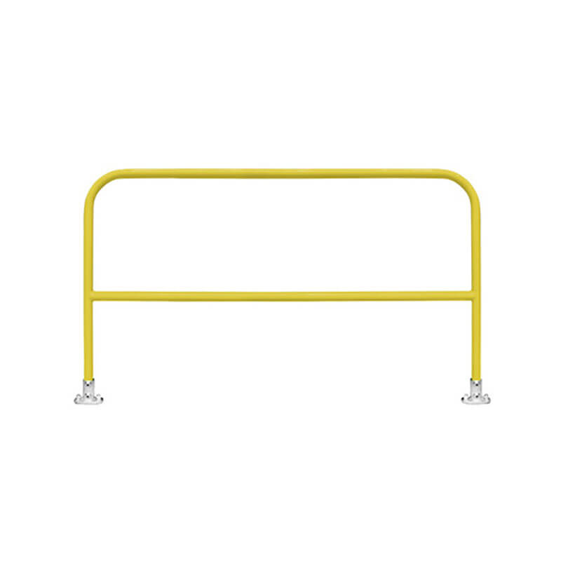 The Frontline Fall Protection Fixed Guardrail System for Concrete/Steel Substrates is a yellow safety barrier with two base plates, ideal for crowd control or perimeter edge protection, shown upright against a plain white background.