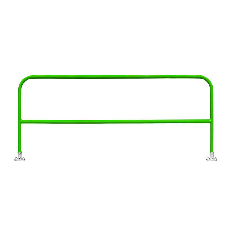 The Frontline Fixed Guardrail System for Concrete/Steel Substrates by Frontline Fall Protection is a green metal safety barrier with two supporting legs and flat base plates, ideal for perimeter edge protection, shown against a plain white background.