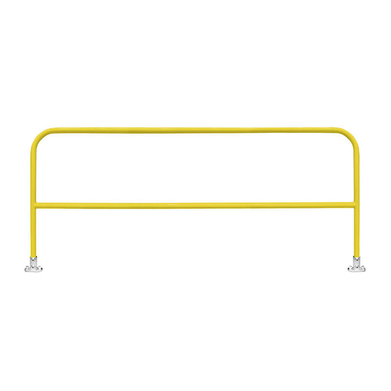The Frontline Fixed Guardrail System for Concrete/Steel Substrates by Frontline Fall Protection is a yellow metal guardrail with two supporting legs and flat base plates, designed for perimeter edge protection and shown on a white background.