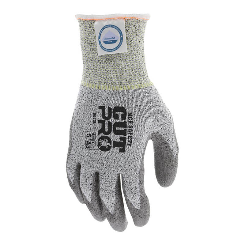 The MCR Memphis Diamond Tech PU Dyneema Gloves 9672 by MCR Safety feature a gray design with black text and logos labeled "CUT PRO" and "WEAR SAFETY." Constructed from Dyneema and coated with polyurethane, these gloves provide superior cut resistance level 5 and excellent abrasion resistance. They are available in size 7/L.