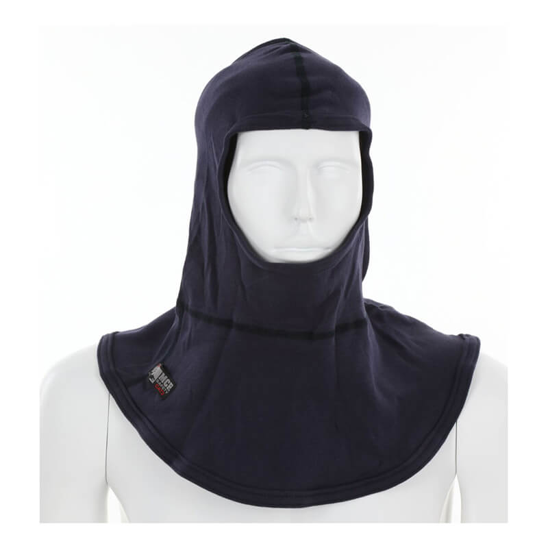 A headless mannequin displays the MCR Safety FR Westex True Comfort Balaclava Navy BLCVTCN, featuring visible stitching, an open face, and full neck and shoulder coverage. Made from flame-resistant Westex TrueComfort material with a small label on the left side.