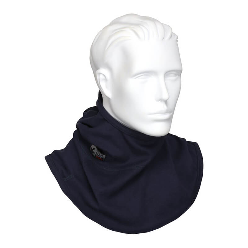 he MCR Safety FR Westex True Comfort Balaclava Navy BLCVTCN is displayed on a white mannequin head, showcasing its protective design that covers the neck and extends partially over the shoulders. A small logo adorns the garment, and the mannequin’s face is expressionless with slicked-back hair.