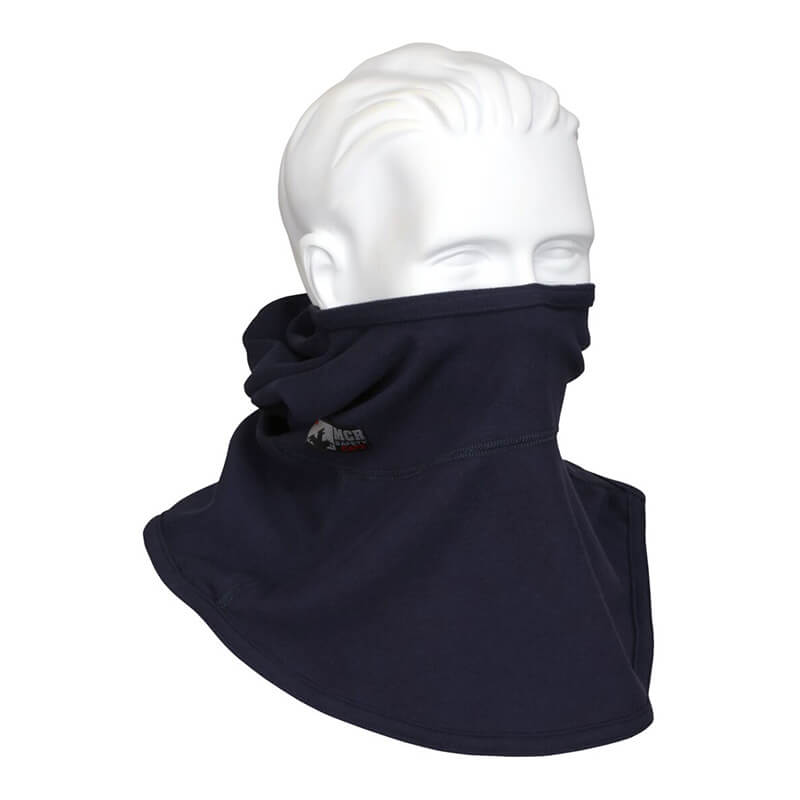 A white mannequin head displays the MCR Safety FR Westex True Comfort Balaclava Navy, flame-resistant clothing covering the neck and lower face.