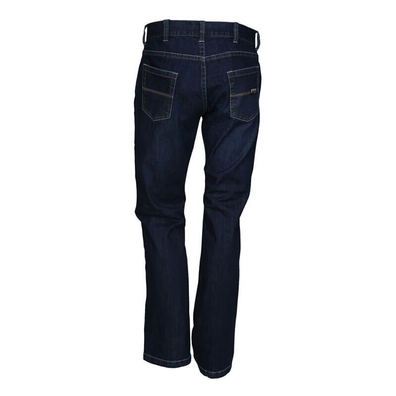 Back view of MCR Safety FR Gear 10.5 oz Vintage Denim Jeans P2D in dark blue, showing visible stitching and two back pockets on a white background. These flame-resistant jeans by MCR Safety combine style with safety.