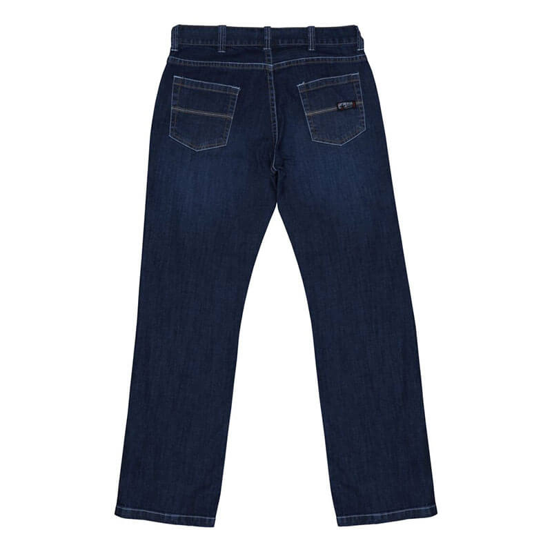 The MCR Safety FR Gear 10.5 oz Vintage Denim Jeans P2D feature dark blue denim, two back pockets with light stitching, a straight-leg cut, CAT2 protection, and a waistband with belt loops for enhanced safety and style.