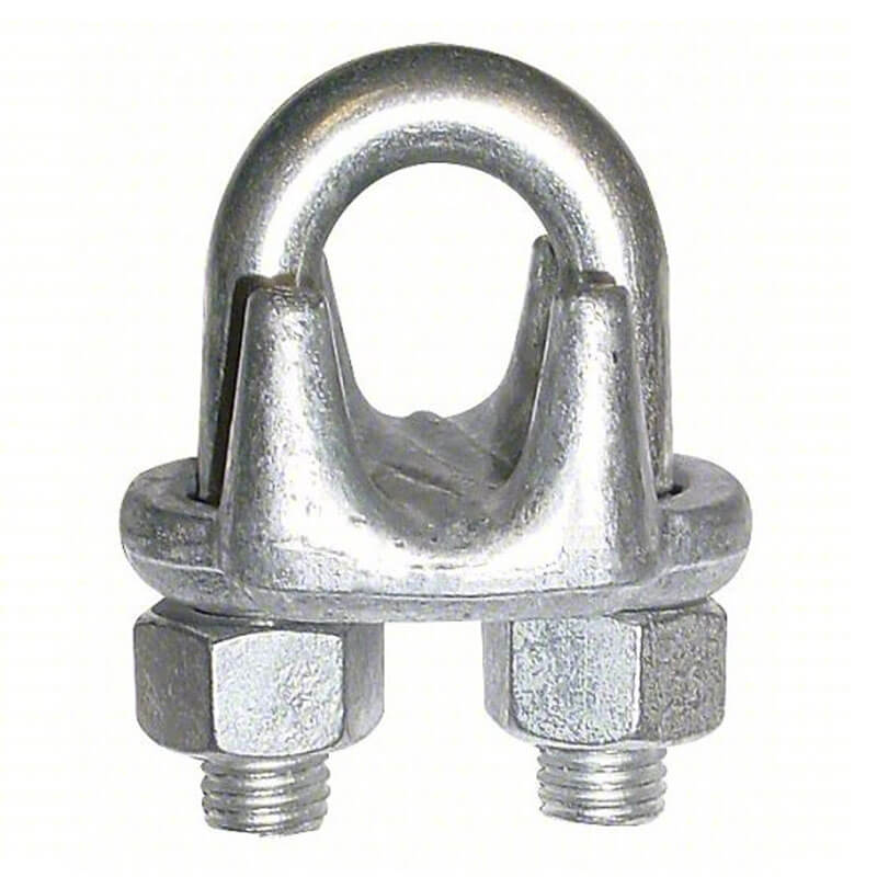 A close-up of a metal wire rope clamp with U-bolt and hex nuts, like the Frontline Warning Line System Steel Cable Clip WLS16-CLIP by Frontline Fall Protection, commonly used for securing cables in warning line systems.