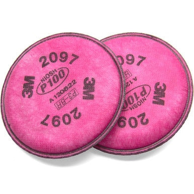 The 3M 2097 P100 Particulate / Organic Vapor Filter (Pair) features two round, pink filters with black text and certification markings by 3M, designed for protection against dust, fumes, mold remediation, and airborne particles.