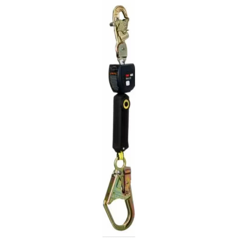 The 3M Fall Protection DBI-SALA Nano-Lok SRL with Steel Snap Anchor Hook, Web, and Steel Rebar Hook is a self-retracting lifeline featuring a shock absorber. It includes metal carabiners at each end and has an automatic braking device in a compact black casing, providing reliable protection during any job.