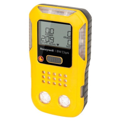 The BW Clip4 4-Gas Detector BWC4-Y-N in yellow, by the brand BW, features multi-gas detection capabilities with a digital display that provides readings and has gray accents. This compact gas monitor includes two sensor ports at the bottom and buttons beneath the display for convenient operation.
