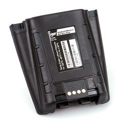 Close-up of a BW Technologies by Honeywell M5-BAT08B Li-polymer rechargeable battery pack with visible label and barcode. The black textured design features four metallic connectors, ideal for electronic devices, against a plain white background that highlights its sleek appearance.