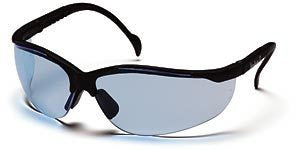 A box of 12 Pyramex Venture II Infinity Blue Safety Glasses from Pyramex Safety, designed for superior eye protection with curved blue lenses and black frames.