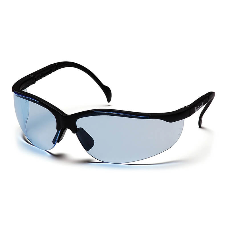 A box of 12 Pyramex Venture II Infinity Blue Safety Glasses from Pyramex Safety, designed for superior eye protection with curved blue lenses and black frames.