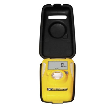 A BW Clip Hibernation Case CLIPHB-CASE in black, from PK Safety Supply, is open above a yellow gas detector with a digital display showing "0 ppm," exposing its screen, buttons, and sensor while highlighting the case's sleek design.