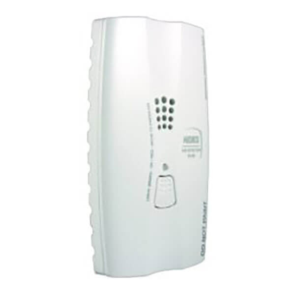 The Macurco Residential Combustible Gas Detector GD-2B by Macurco Gas Detection is a white, vertically rectangular unit with grid-like vents, featuring a test button and LED indicators. It ensures safety by detecting methane and propane, ideal for light backgrounds in homes.