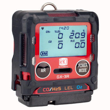 The PK Safety RKI GX-3R Bundle is a portable gas detector with a digital display for CH₄, O₂, CO, and H₂S levels. It features large "AIR" and "POWER MODE" buttons—ideal for comprehensive gas detection.