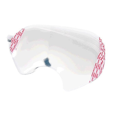 The 3M 6885 Disposable Lens Cover is a transparent, curved visor with red and white adhesive strips on the edges, designed to attach to helmets or similar equipment. Perfect for use with full face respirators, this lens cover is stackable and can be aligned in multiple units.