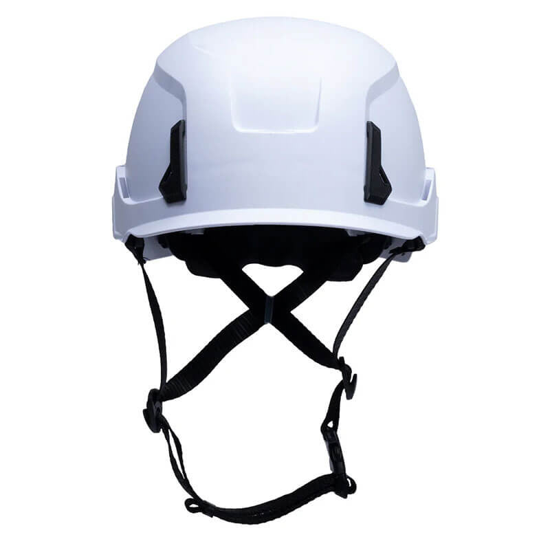 The Pyramex SL T2 Safety Helmet by Pyramex Safety is a white helmet featuring a lightweight shell and black adjustable straps, designed for optimal head protection. It includes impact absorption with a sturdy exterior and offers a secure fit, making it ideal for construction or industrial use.