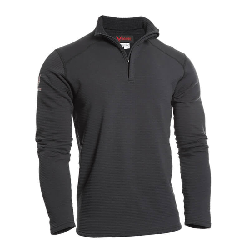 The NSA DRIFIRE Power Grid FR Fleece 1/4 Zip, a black long-sleeve athletic top, features a quarter-zip design, ribbed texture, and subtle lettering on the collar and sleeve against a white background. This flame-resistant piece from NSA seamlessly blends style with safety for your active lifestyle.
