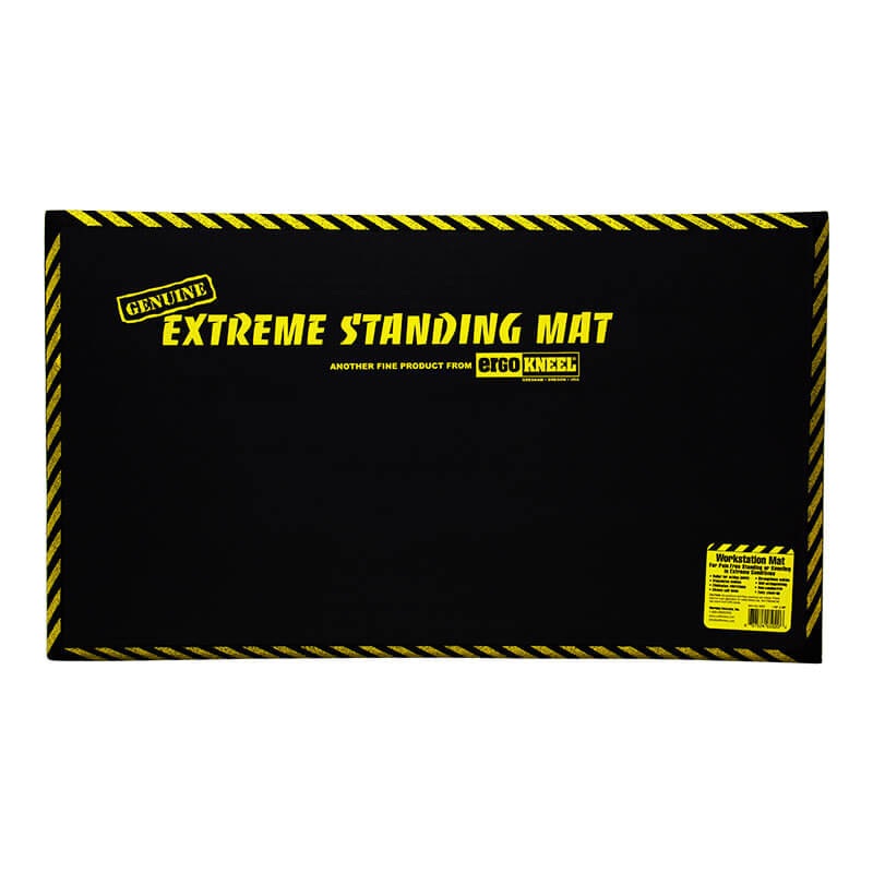 A black anti-fatigue mat designed for standing workers, featuring yellow text that reads "Working Concepts ErgoKneel Extreme Standing Mat 5020," alongside safety markings and Working Concepts brand logos.