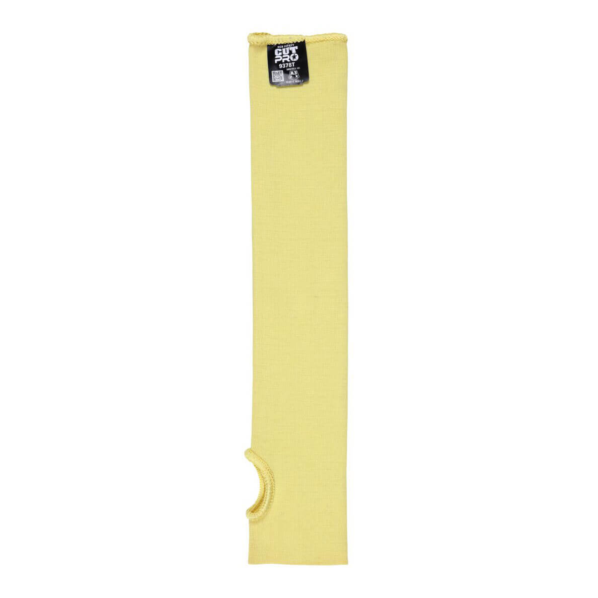 A single yellow MCR Safety Memphis 9378T Kevlar knit sleeve with a thumb hole and black label at the top, showing product info, is laid flat on a white background. The cut-resistant sleeve is sold in packs of 10.