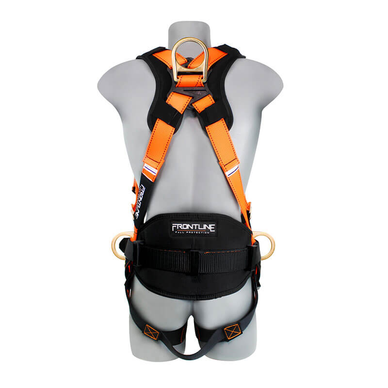 A gray mannequin displays the Frontline Combat Harness w/Tongue Buckle Belt & Legs 50CTB by Frontline Fall Protection, featuring orange and black straps, metal rings, padded waist belt, and "FRONTLINE" label. Shown from the back.