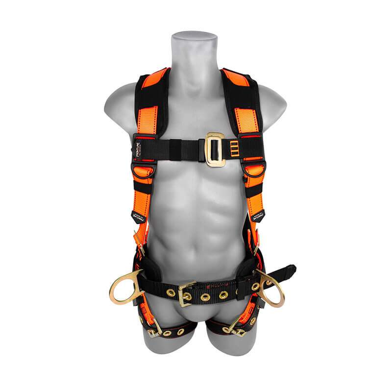 A gray mannequin torso wears the Frontline Combat Harness w/Tongue Buckle Belt & Legs 50CTB by Frontline Fall Protection, an orange and black full body harness with metal buckles and reinforced straps for construction safety and fall protection.
