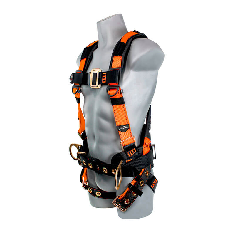 A gray mannequin torso displays the Frontline Combat Harness w/Tongue Buckle Belt & Legs 50CTB by Frontline Fall Protection, a black and orange full body harness with multiple straps, buckles, and metal rings for safety or fall protection.
