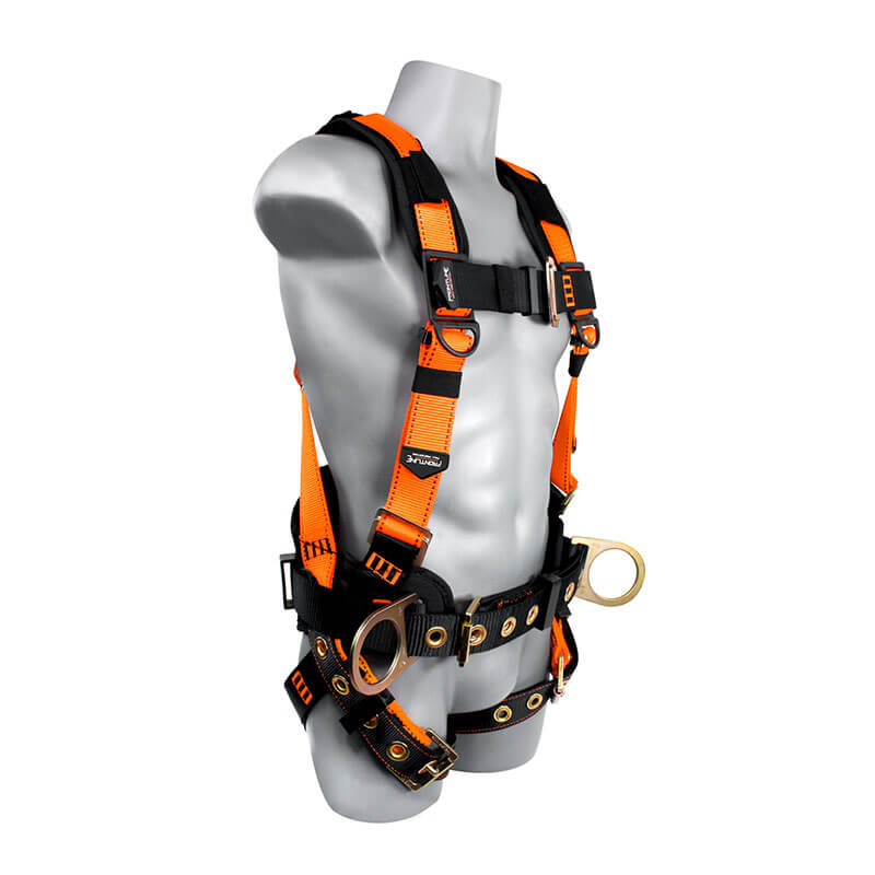 A mannequin torso displays the Frontline Combat Harness w/Tongue Buckle Belt & Legs 50CTB by Frontline Fall Protection, an adjustable orange and black full body harness with metal rings and buckles for construction or industrial fall protection.