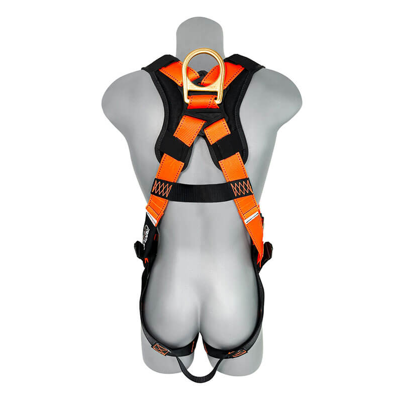 A mannequin wearing the Frontline Combat Economy Harness w/Tongue Buckle Belt 50VTB by Frontline Fall Protection in black and orange, featuring a large gold D-ring on the back between the shoulder blades.