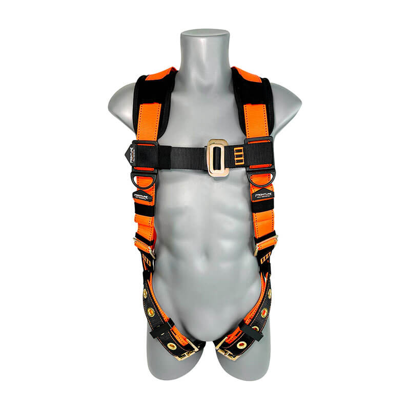 A gray mannequin torso displays the Frontline Combat Economy Harness w/Tongue Buckle Belt 50VTB by Frontline Fall Protection, featuring adjustable orange and black straps, shoulder and thigh padding, and tongue-buckle belt for secure fall protection.