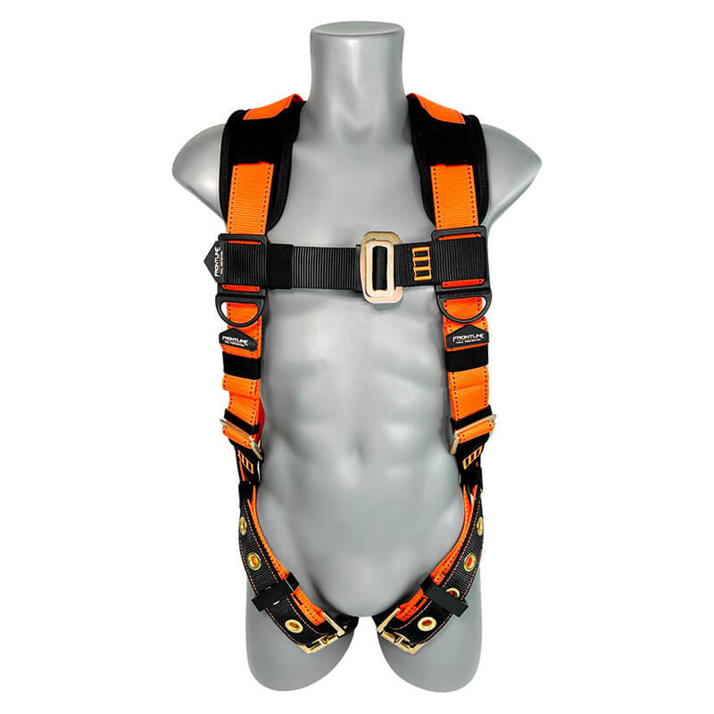 A gray mannequin torso models the Frontline Fall Protection Combat Plus Roofers Kit with 50' VLL RK050V50—an orange and black safety harness with adjustable straps and a chest buckle—ideal for vertical lifelines or roofer kits.