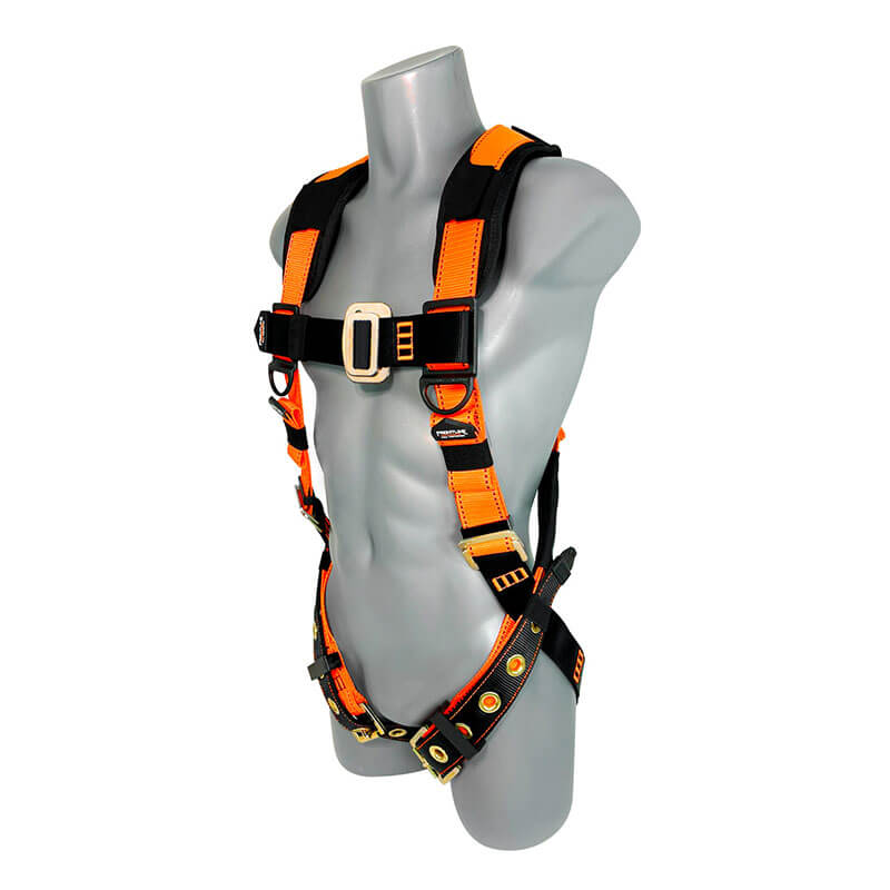 A gray mannequin torso displays the Frontline Combat Economy Harness w/Tongue Buckle Belt 50VTB by Frontline Fall Protection, featuring black and orange design, multiple adjustable straps, and metal buckles for reliable fall protection.