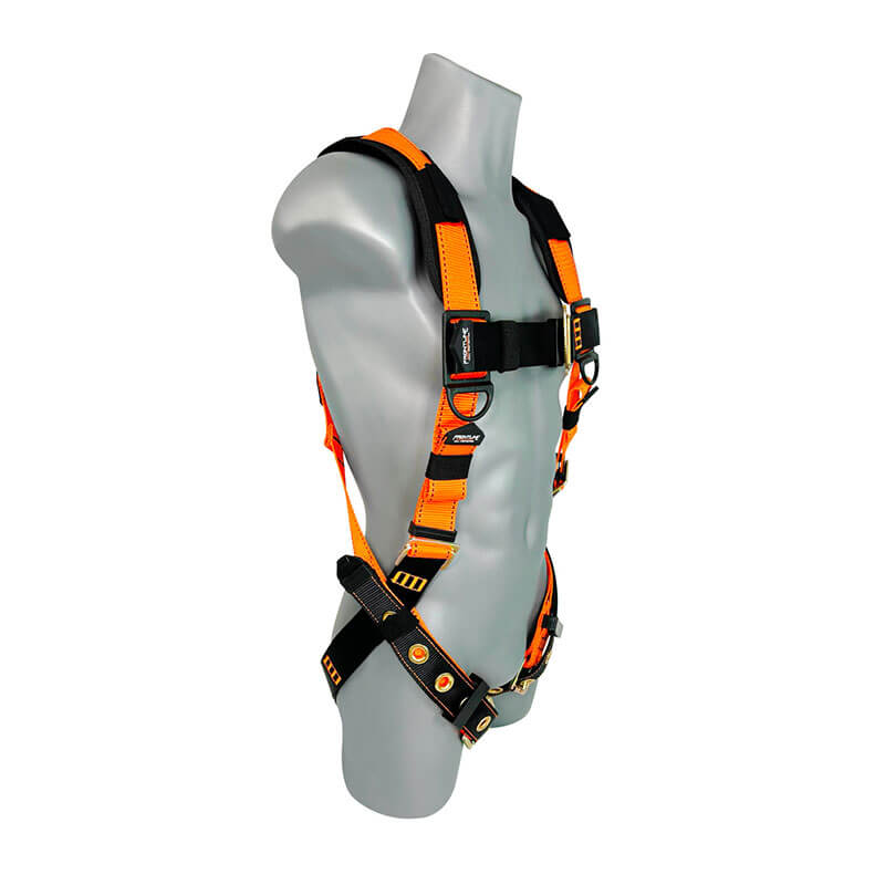 A gray mannequin models the Frontline Combat Economy Harness w/Tongue Buckle Belt 50VTB by Frontline Fall Protection, featuring orange and black design with adjustable straps, buckles, and metal rings for secure fall protection.