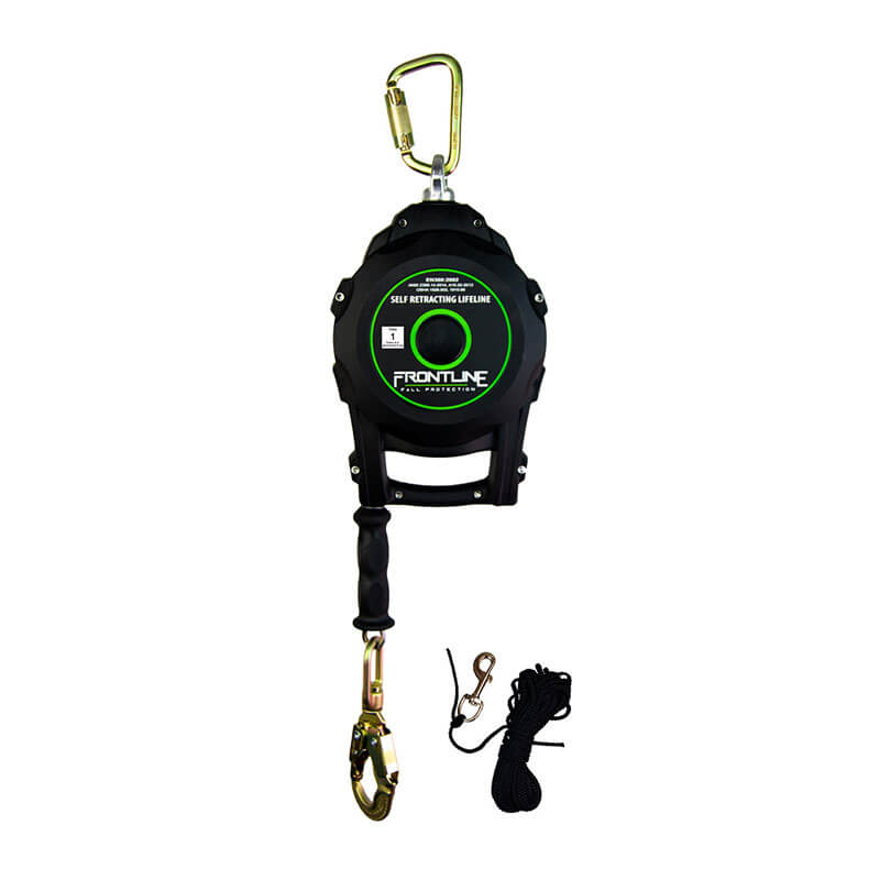 The Frontline Fall Protection RPGC SRL with steel snap hooks, carry-on handle, and tagline is shown in black and green. A black rope and a small metal connector accessory are also pictured for added fall protection.