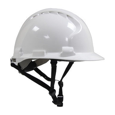 The JSP MK8 Evolution Type II Linesman Hard Hat 280-AHS240-10 by PIP is a white industrial safety helmet designed for head and side impact protection, featuring adjustable black straps. It includes ventilation slots on top and has a smooth, glossy surface. This hard hat meets ANSI Z89.1-2009 standards and is presented in a side profile view.