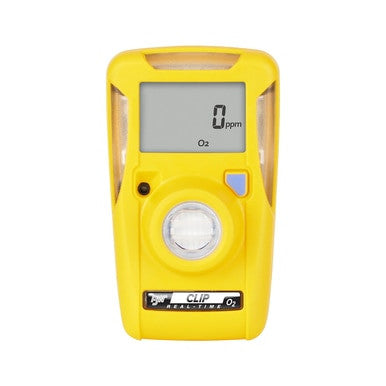 The BW Clip Real Time 2 Year O2 Detector (BWC2R-X) by BW Technologies, Honeywell, measures oxygen levels between 19.5-23.5% vol in real-time with a digital display reading "0 ppm" and an "O₂" label for safety. It has buttons and indicators designed for a single gas detection mode.