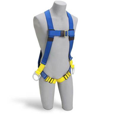 A mannequin is showcased wearing the 3M Fall Protection Protecta Back/Side D-Ring Positioning Harness AB17540, featuring a blue and yellow design. This harness includes a dorsal D-ring, adjustable straps, and metal loops for securing, offering 5 points of adjustment. It stands out against the plain background.