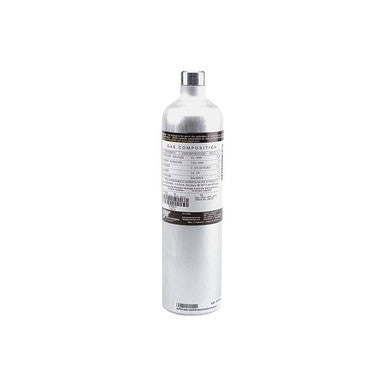 The BW Honeywell 100 ppm Isobutylene Calibration Gas CG2-IB-100-34AL by BW Technologies stands upright against a white background. This silver cylinder with a black and white label provides essential calibration gas for accurate readings in gas detection systems.